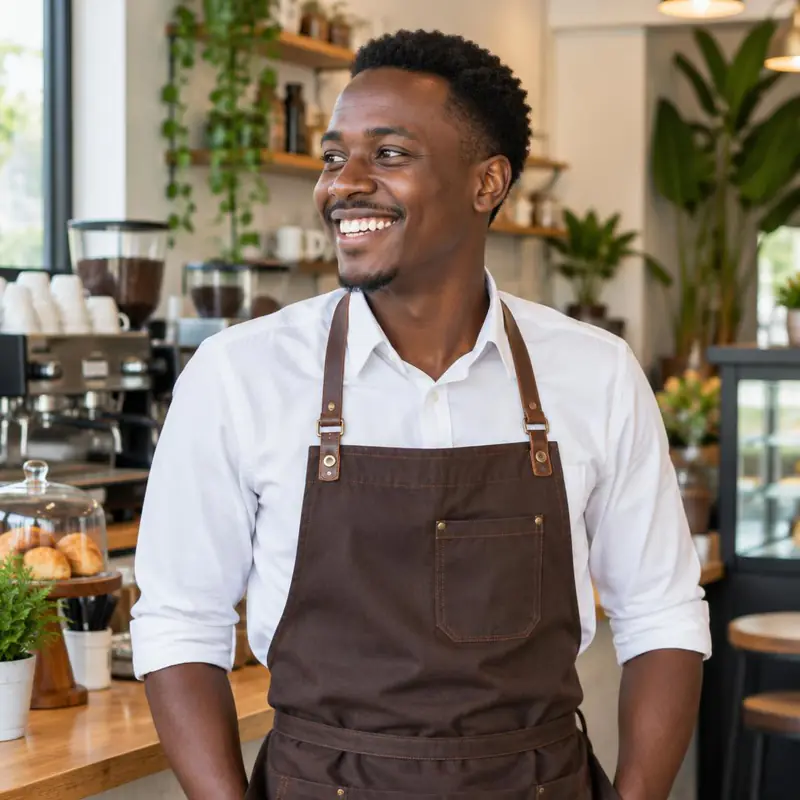 A smiling café owner in an apron, standing at his counter